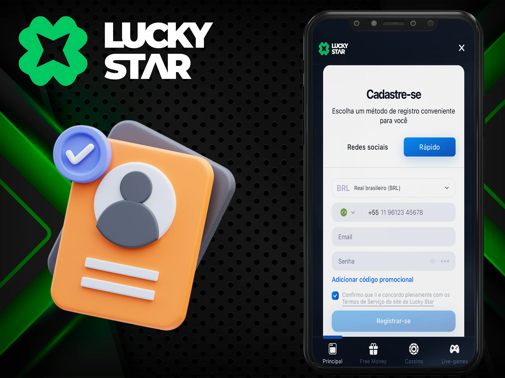 O registro no Lucky Star pode ser feito em um dispositivo móvel.